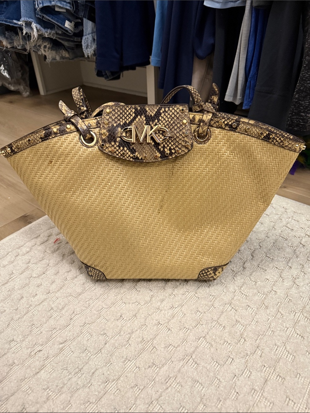 Michael Kors Gold Woven Tote with Snake-Print Trim